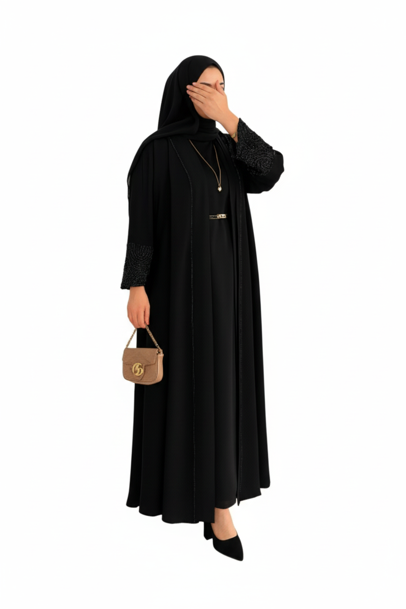 (siyah) Misk abaya takımı renkli, taş detaylı, yazlık resmi