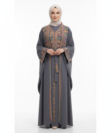 Şeyha abaya takımı rengi Gri, işlemeli, resmi yazlık abaya takımı